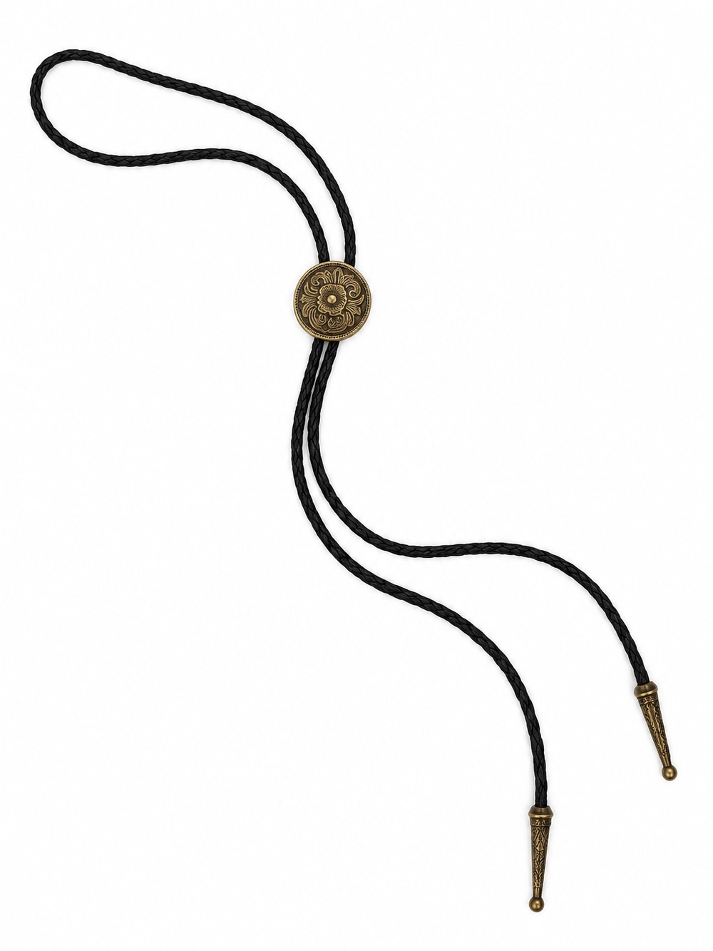Vintage Black Braided Leather Bolo Tie with Antique Gold Medallion Made In USA